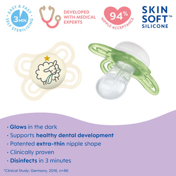 Mam Perfect Night Baby Pacifier, Patented Nipple, Glows In The Dark, 2 Pack, 0-6 Months, Unisex