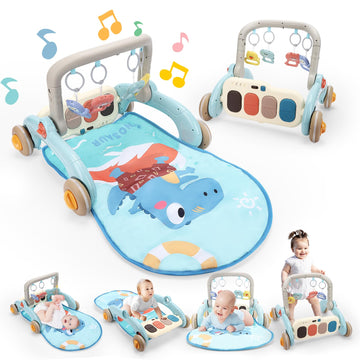 2 In 1 Baby Play Gym With Walker For Newborn, Baby Play Mat Activity Gym With 4 Infant Learning Sensory Tummy Time Mat For Infan