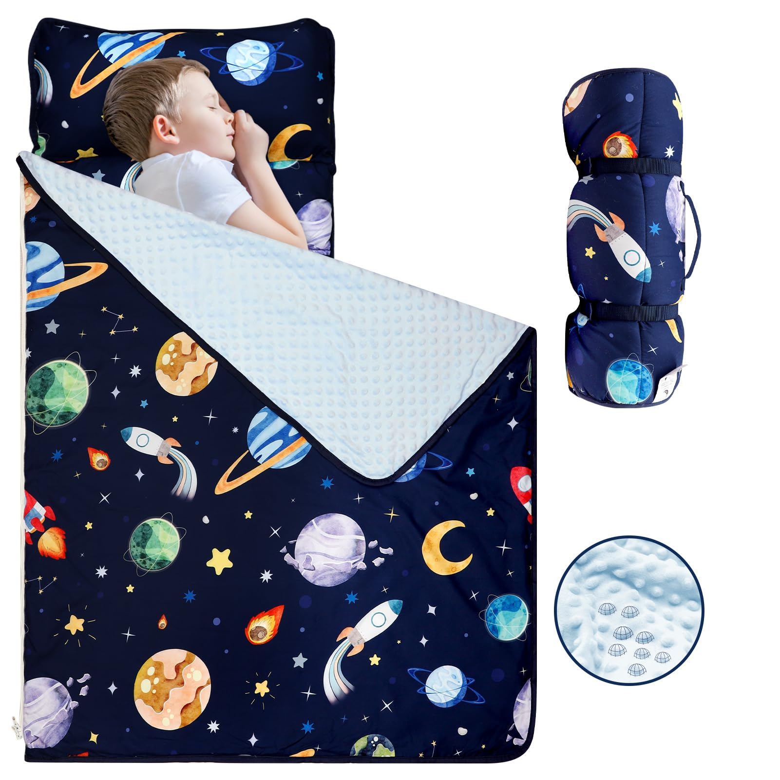 Toddler Nap Mat With Removable Pillow & Soft Dot Minky Blanket, Pea Pod Kids Nap Mats Rockets Space Rolled Slumber Bags For Boys