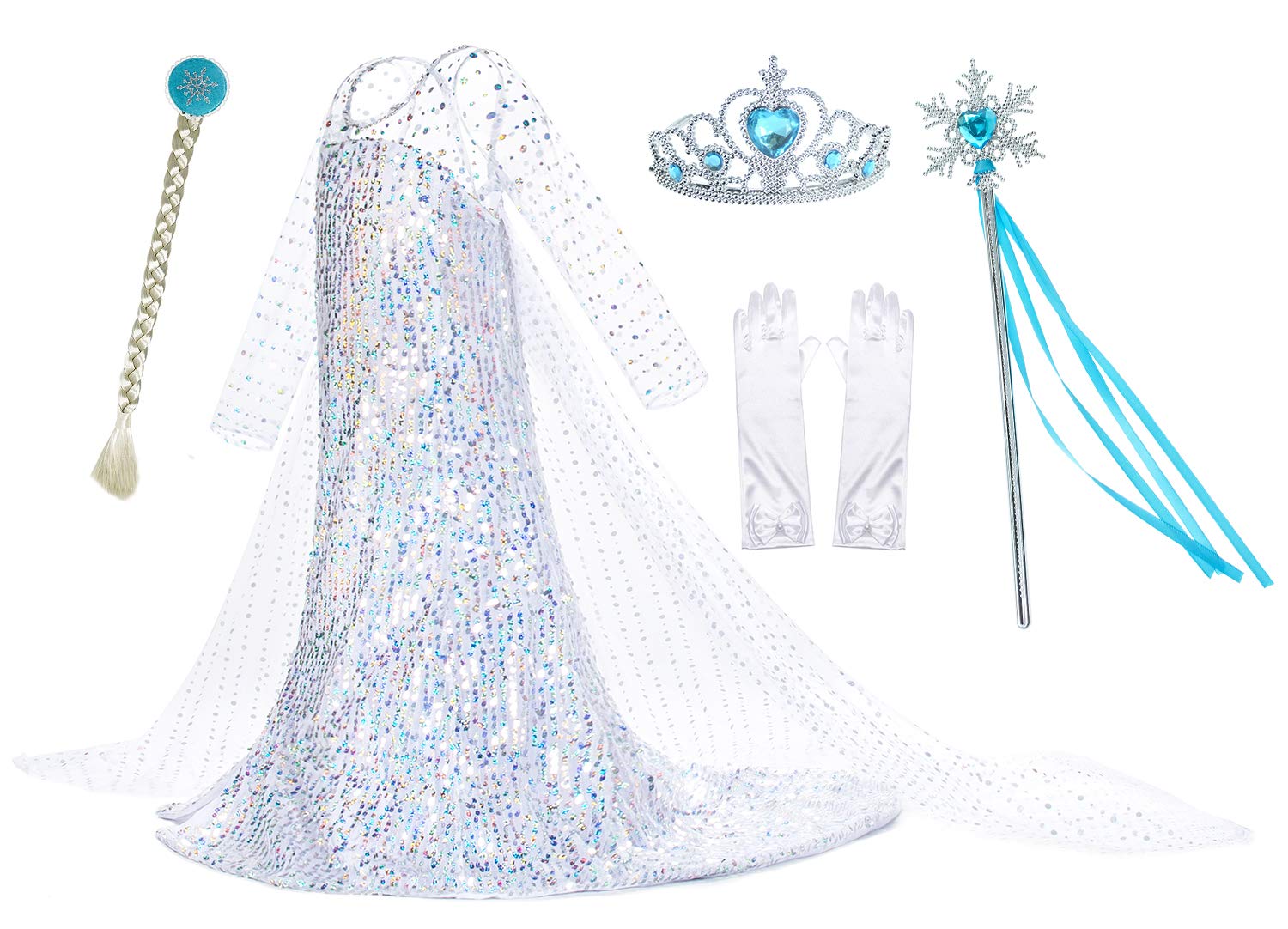 Luxury White Princess Dress Costumes With Shining Long Cape Girls Birthday Party 7-8 Years
