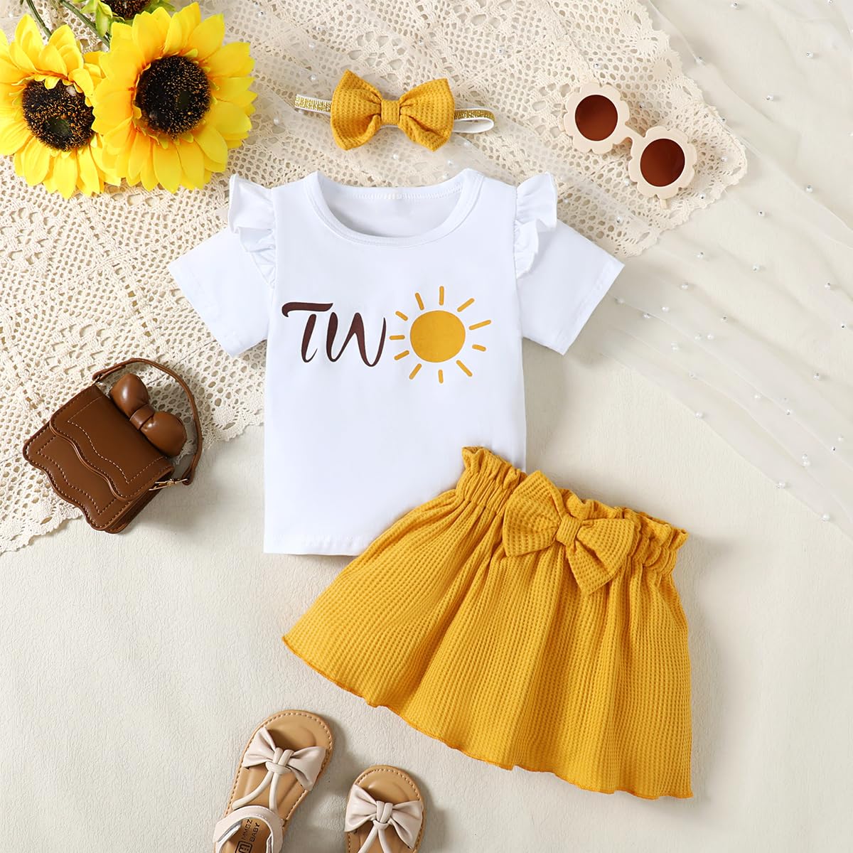 Aslaylme Baby Girl Two Year Old Birthday Outfit Toddler 2Nd Birthday Clothes Second Birthday Sun Skirt Set (Yellow,2 T)