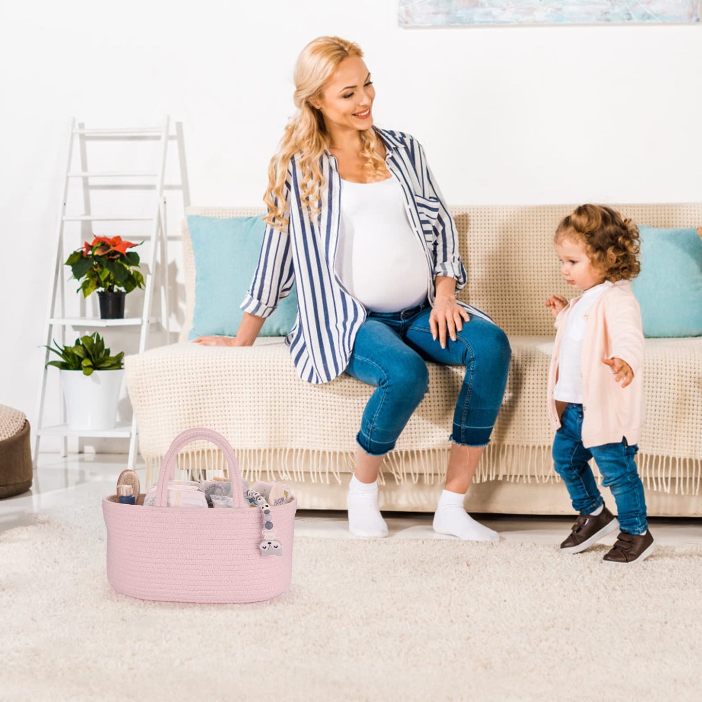 Baby Diaper Caddy Organizer for Girl Boy Rope Nursery Storage Bin Basket Portable Holder Tote Bag for Changing Table Car Travel