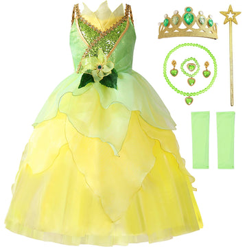 Tyhtym Princess Tiana Costume For Girls Princess And The Frog Cosplay Dress Up Toddler Halloween Birthday With Accessories (Gree