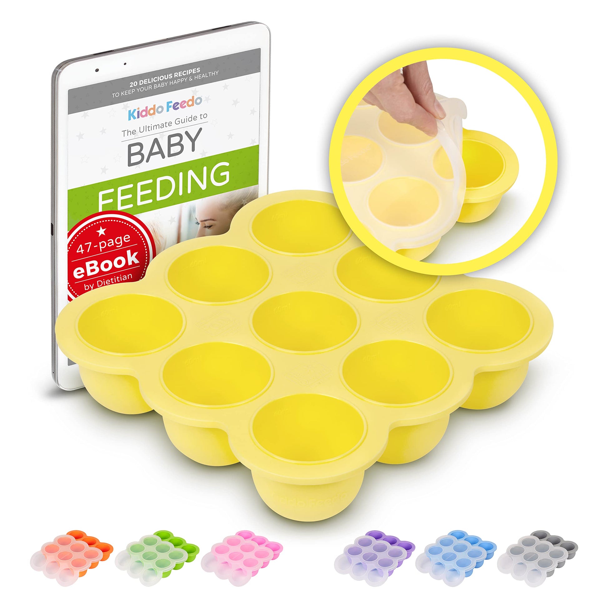KIDDO FEEDO Baby Food Holder Tray with Silicone Clip-On Lid - Multipurpose Use - Free E-Book by Award-Winning Author/Dietitian -
