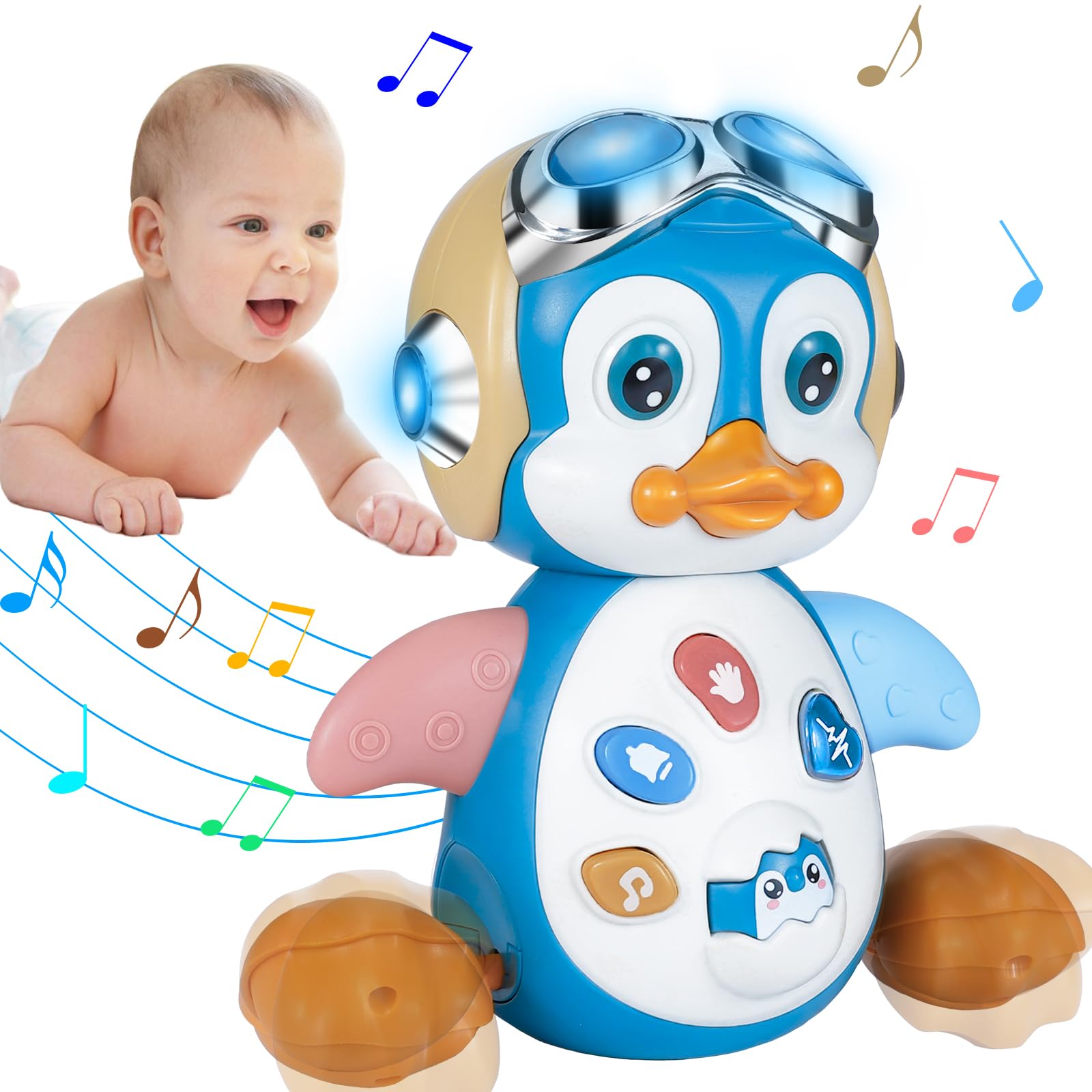 HAPTIME Penguin Crawling Toys for 1 + Year Old Boy Girl, Tummy Time Toys, Musical and Light Up Toys for Encouraging Crawling, Ba