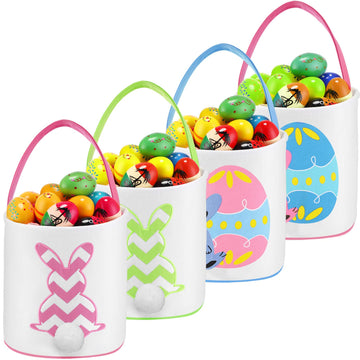 4 Pcs Easter Bunny Basket For Kids Easter Basket Bags Fluffy Tails Printed Rabbit Canvas Toys Bucket Tote Easter Tote Bag With H