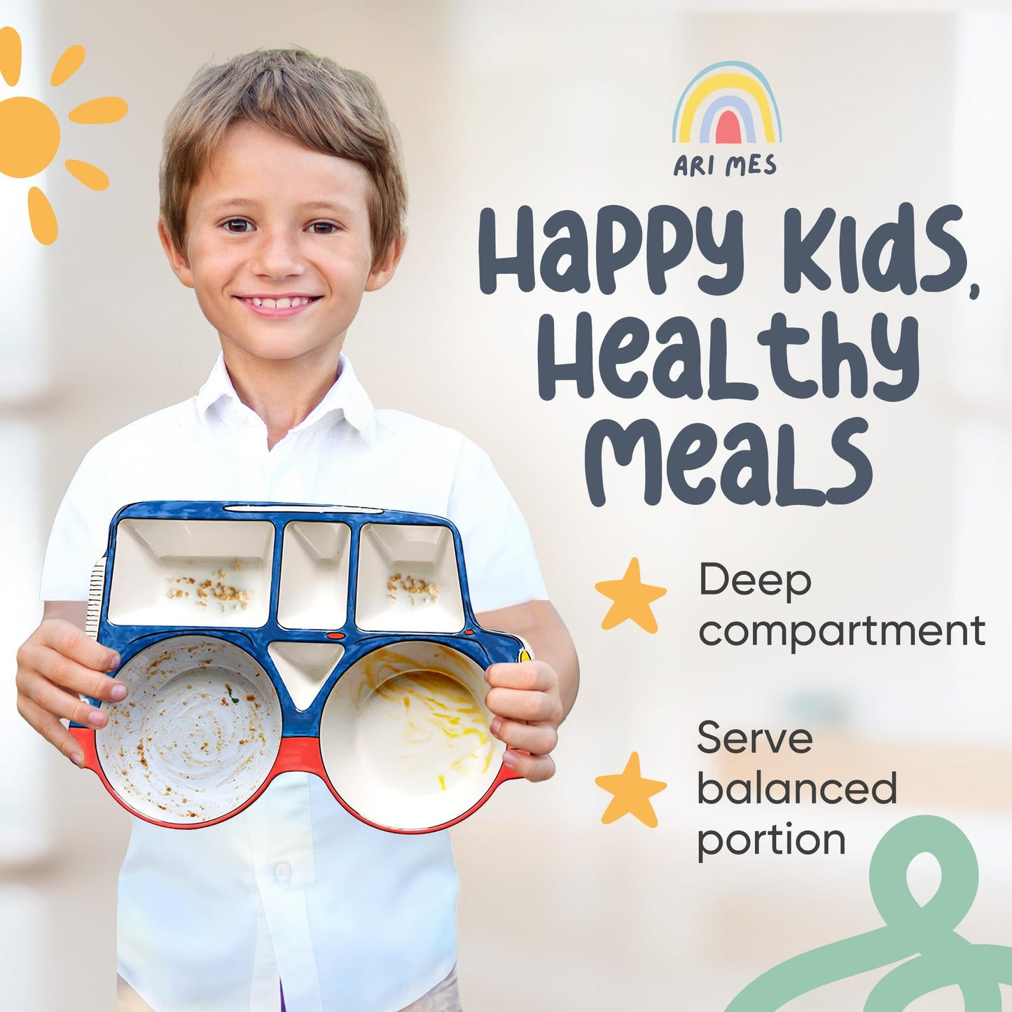 Ari Mes - Divided Car Plate For Toddlers With Spoon And Fork - Fun, Bpa-Free, Shatter- Resistant, Lightweight, Picky Eaters Kids