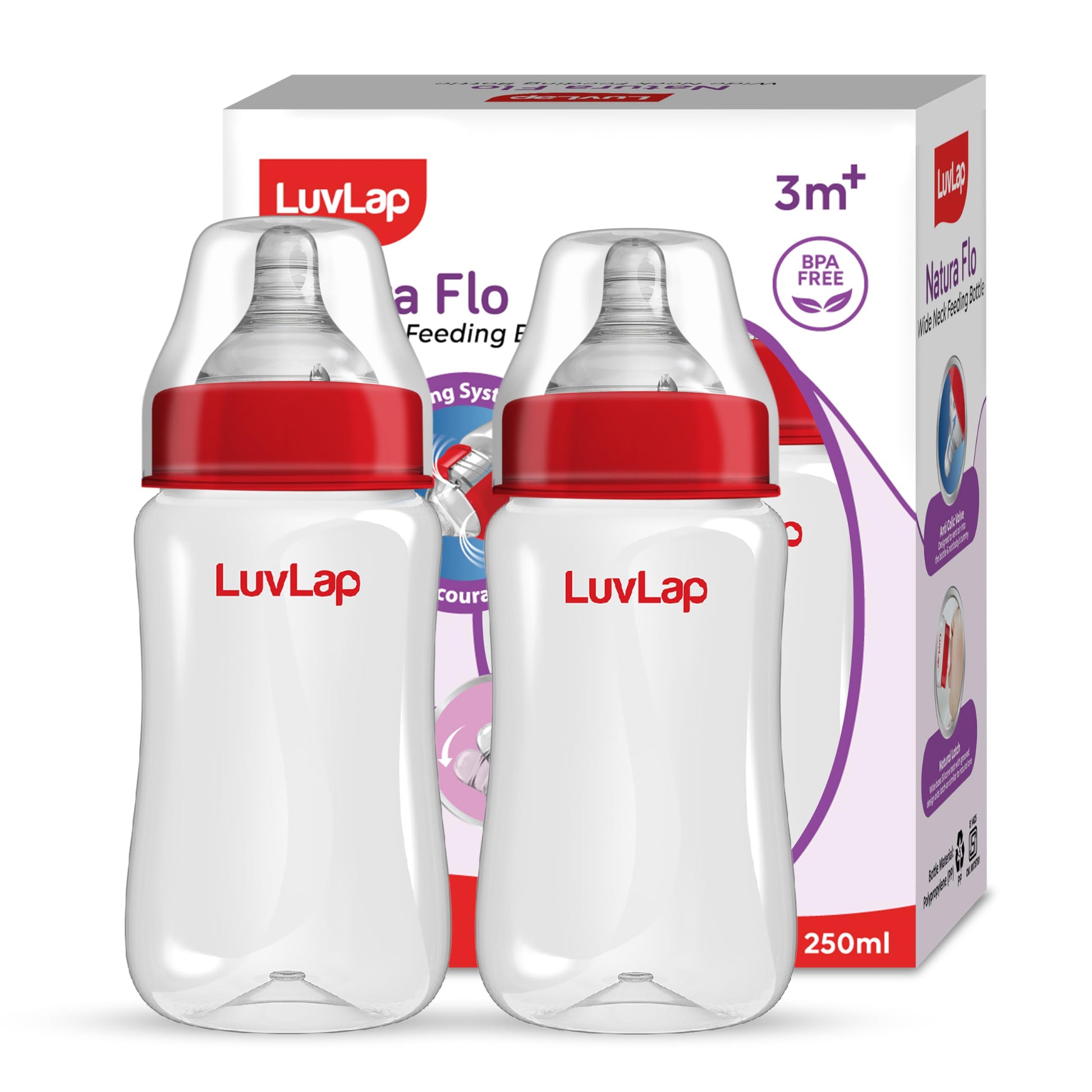 Luvlap AntiColic Wide Neck Natura Flo Baby Polypropylene And Silicone Feeding Bottle, 250Ml (Pack Of 2), New Born / Infants / T