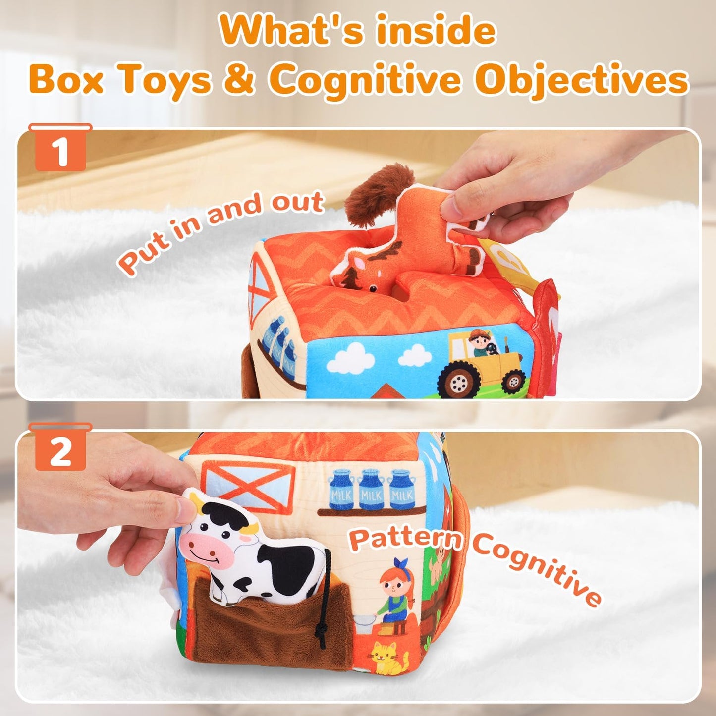 MPQMPQ Baby Tissue Box Toy Farm Crink Plush,Whats Inside Box Montessori Toys with Rattle,Crinkle,Mirror for Babies 6 9 12 18 Mon