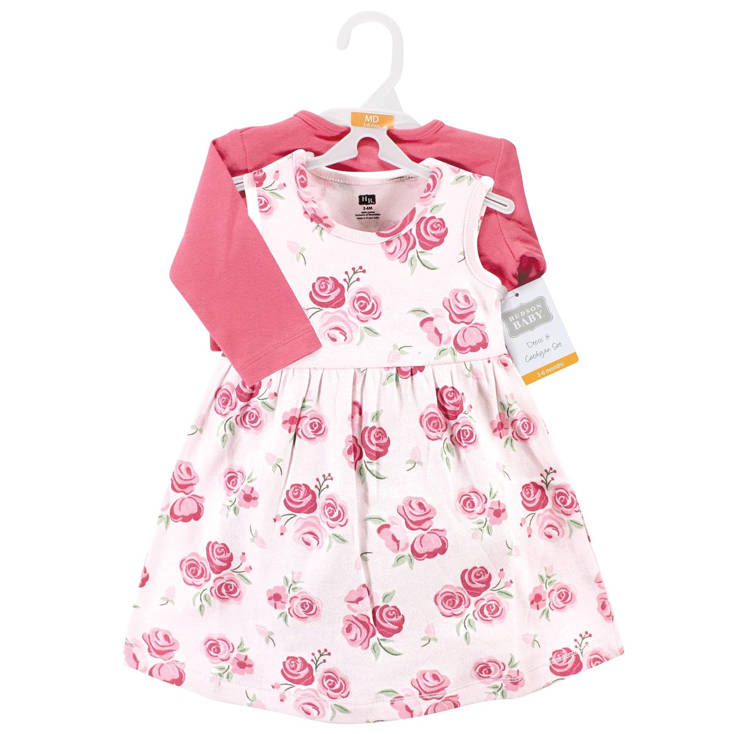 Hudson Baby Baby Girls' Cotton Dress And Cardigan Set, Blush Rose, 3-6 Months