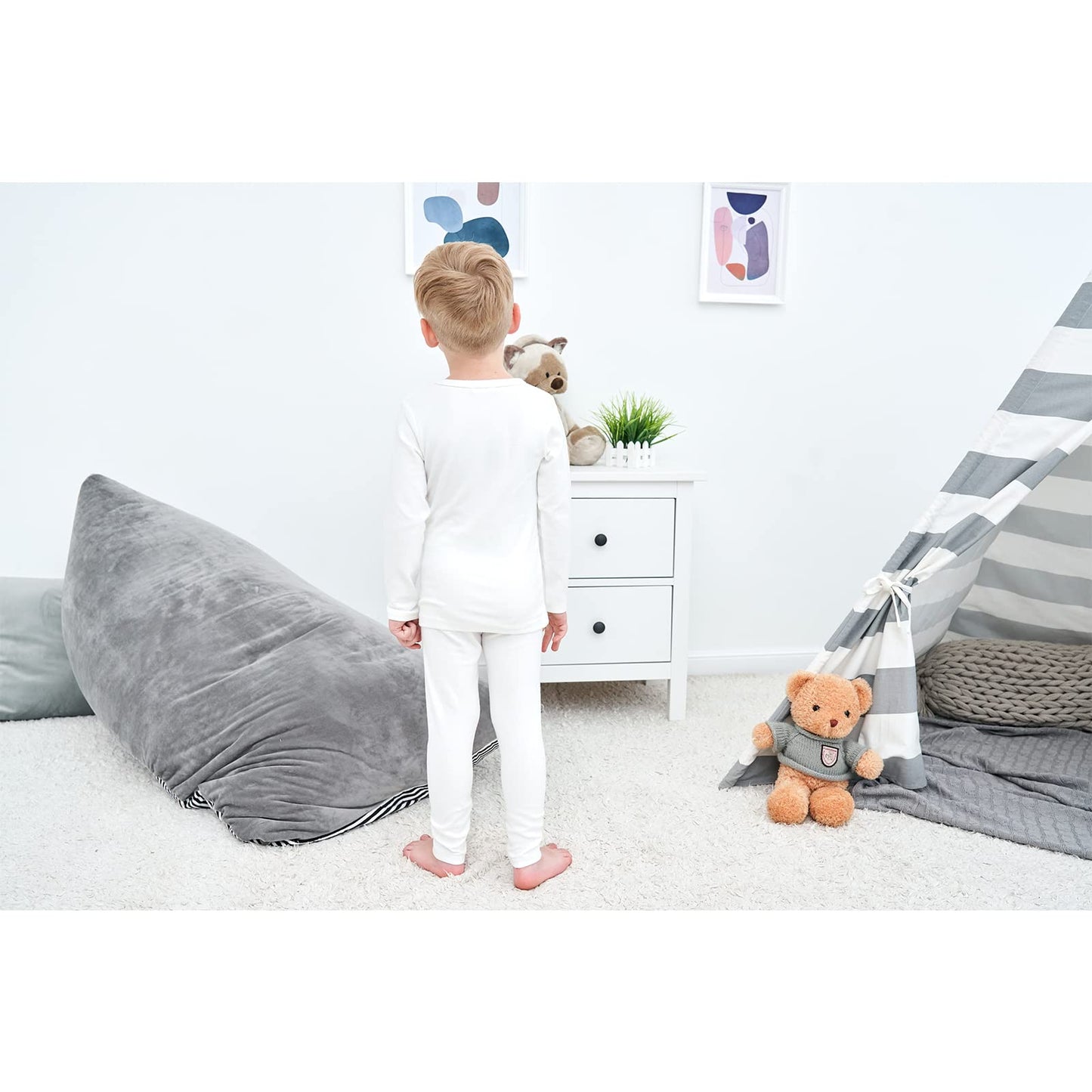 Kisbini Toddler Girls Boys Pajamas Basic Solid Color Cotton Sleepwear Soft Long Sleeve Pjs 2Pcs Set White