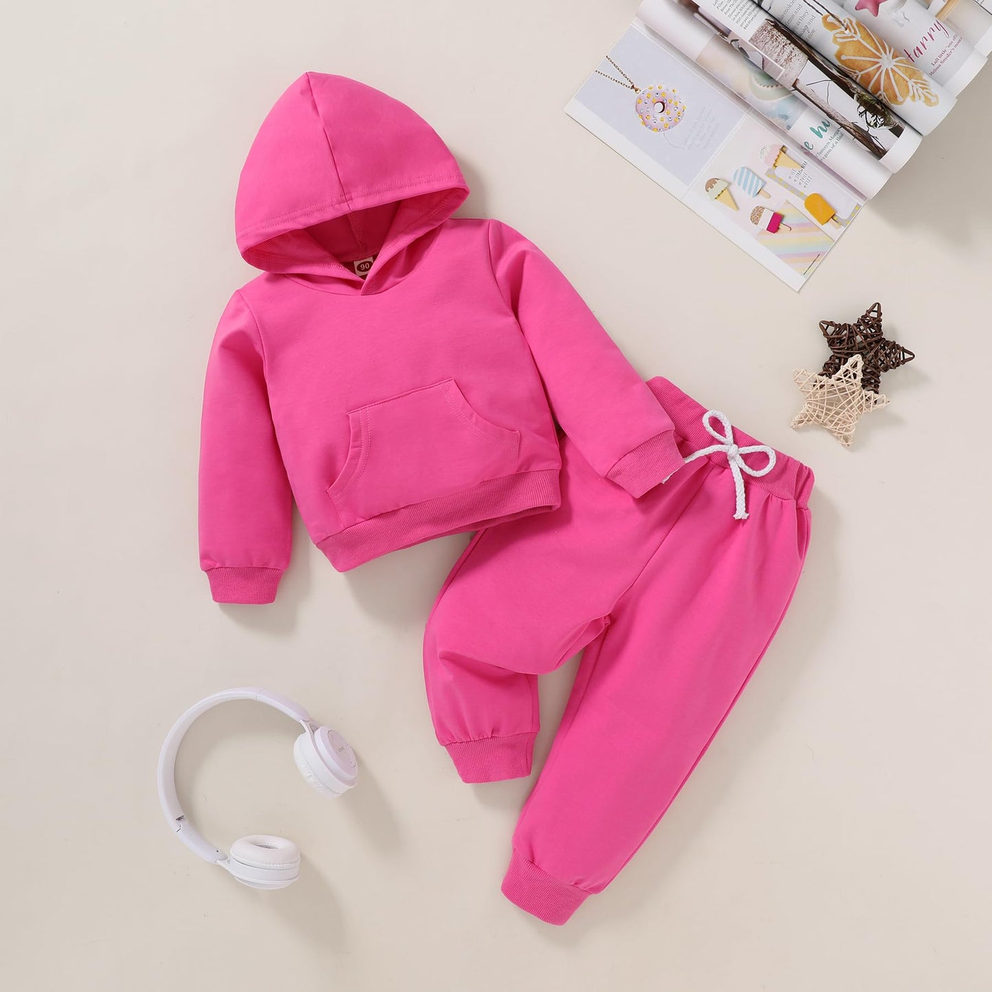Happy Town Toddler Fall Outfits For Girl Boy Long Sleeve Hoodie Top And Long Sweatpants Set Toddler Sweatsuit (Solid Color-Rose