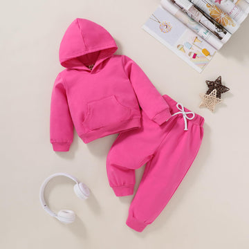 Happy Town Toddler Fall Outfits For Girl Boy Long Sleeve Hoodie Top And Long Sweatpants Set Toddler Sweatsuit (Solid Color-Rose