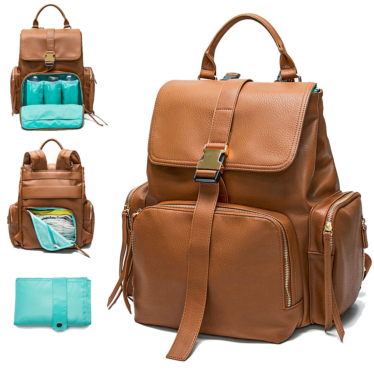 Mominside Diaper Bag Backpack With 14 Pockets, Leather Baby Bag, Large Capacity, Baby Registry, 4 Insulated Pockets, Wet Dry Bag