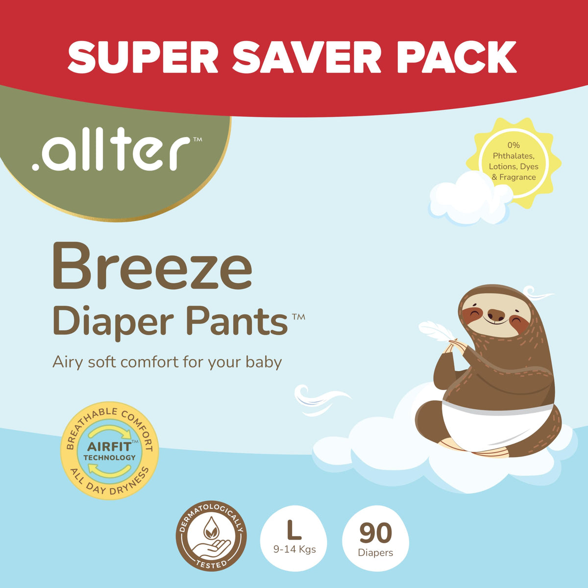 .Allter Breeze Baby Diaper Pants  L Size (914 Kgs) | 90 Count, Pack Of 3 | Airfit Technology For Breathable Comfort | Dermat T