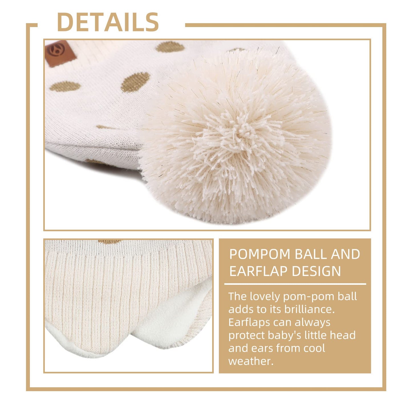 Jangannsa Knitted Baby Hat Scarf Set Winter Warm Boys Girls Beanie Fleece Lining Toddler Kids Hats With Pompom (Beige Dots Hat,