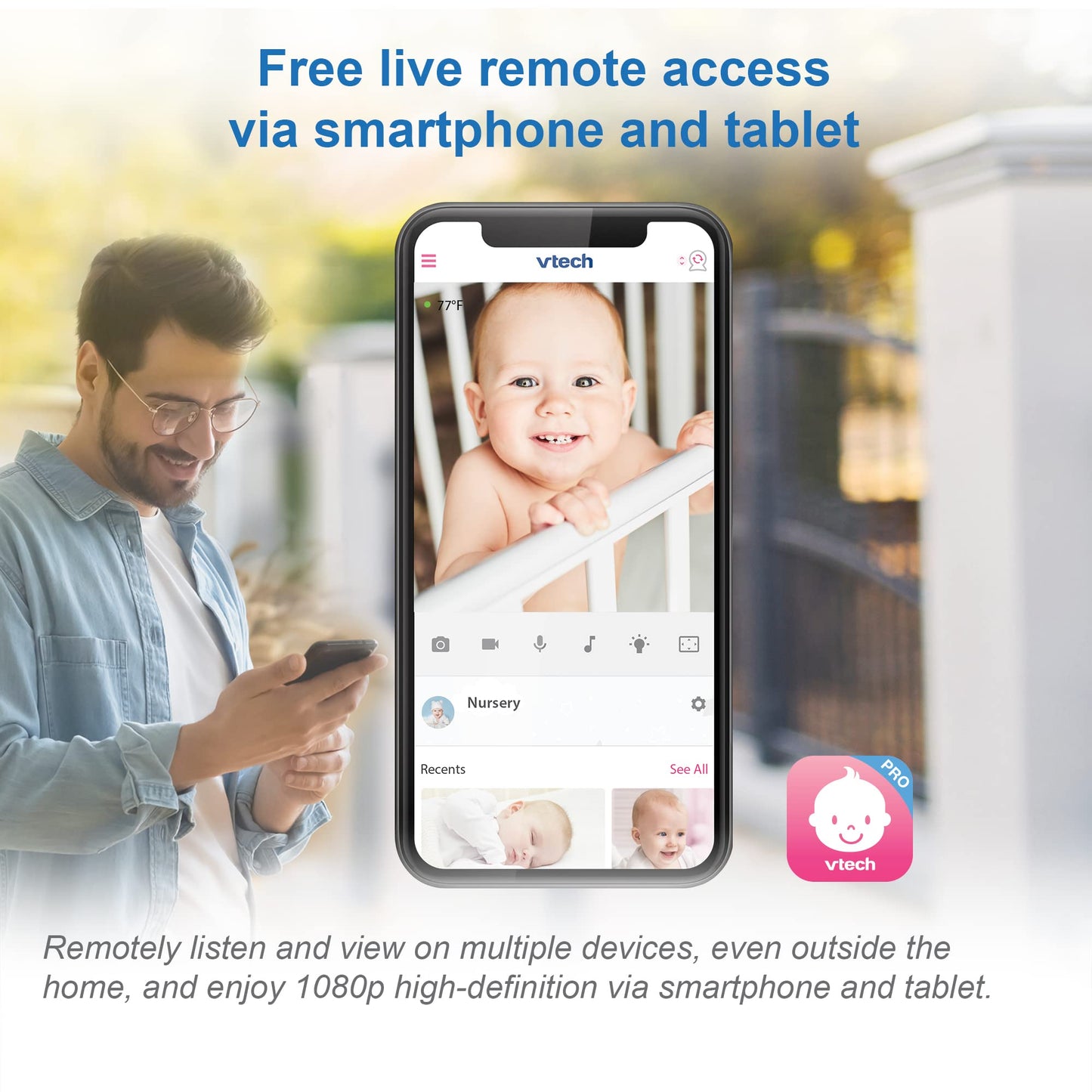 Vtech Rm9751 Yellow Daisy Smart Wi-Fi Baby Camera, Ios & Android Enabled, 1080P Full Hd, Privacy Mode Cover, Night Light, Soothi