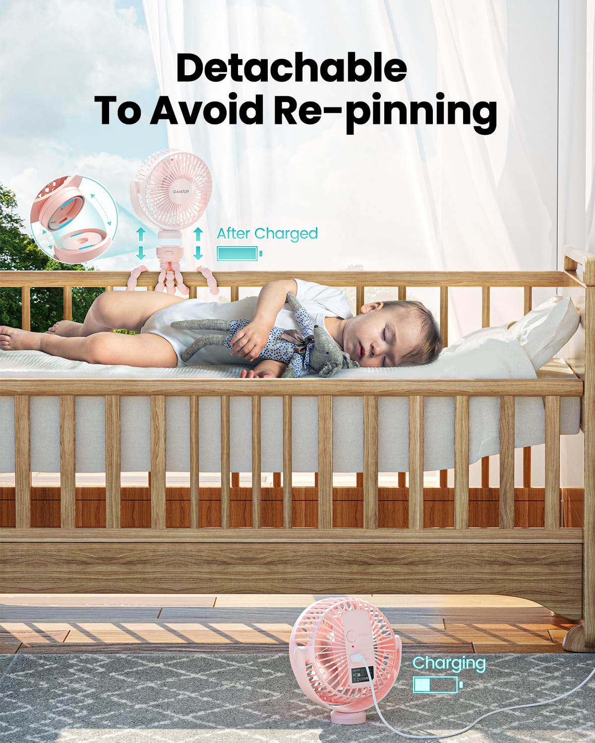 Gaiatop Mini Portable Stroller Fan, Battery Operated Small Clip On Fan, Detachable 3 Speed Rechargeable 360 Rotate Flexible Trip