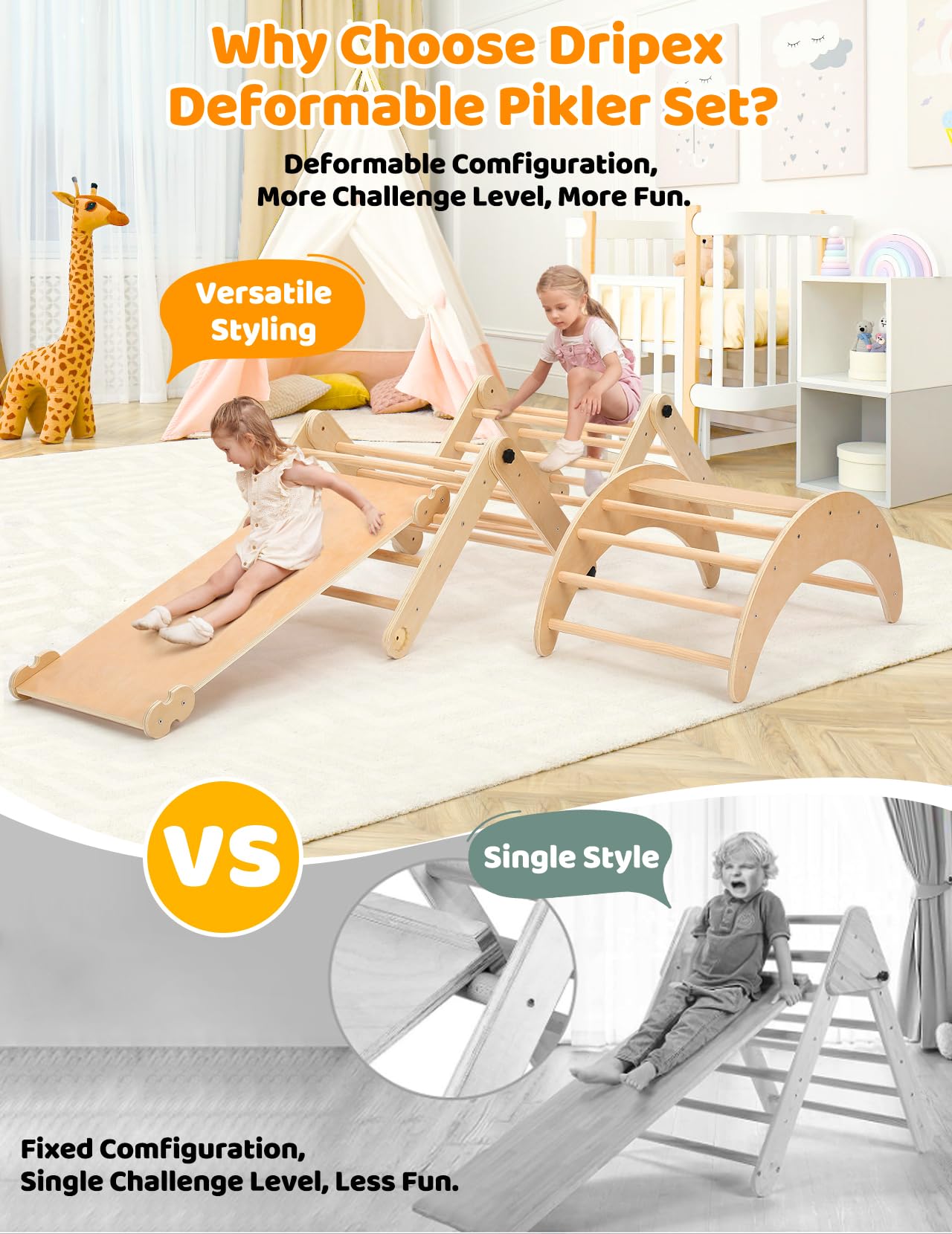 Dripex Deformable Pikler Triangle Set, Large Montessori Climbing Set With Over 20 Playing Modes, Pikler Triangle With Slide Arch