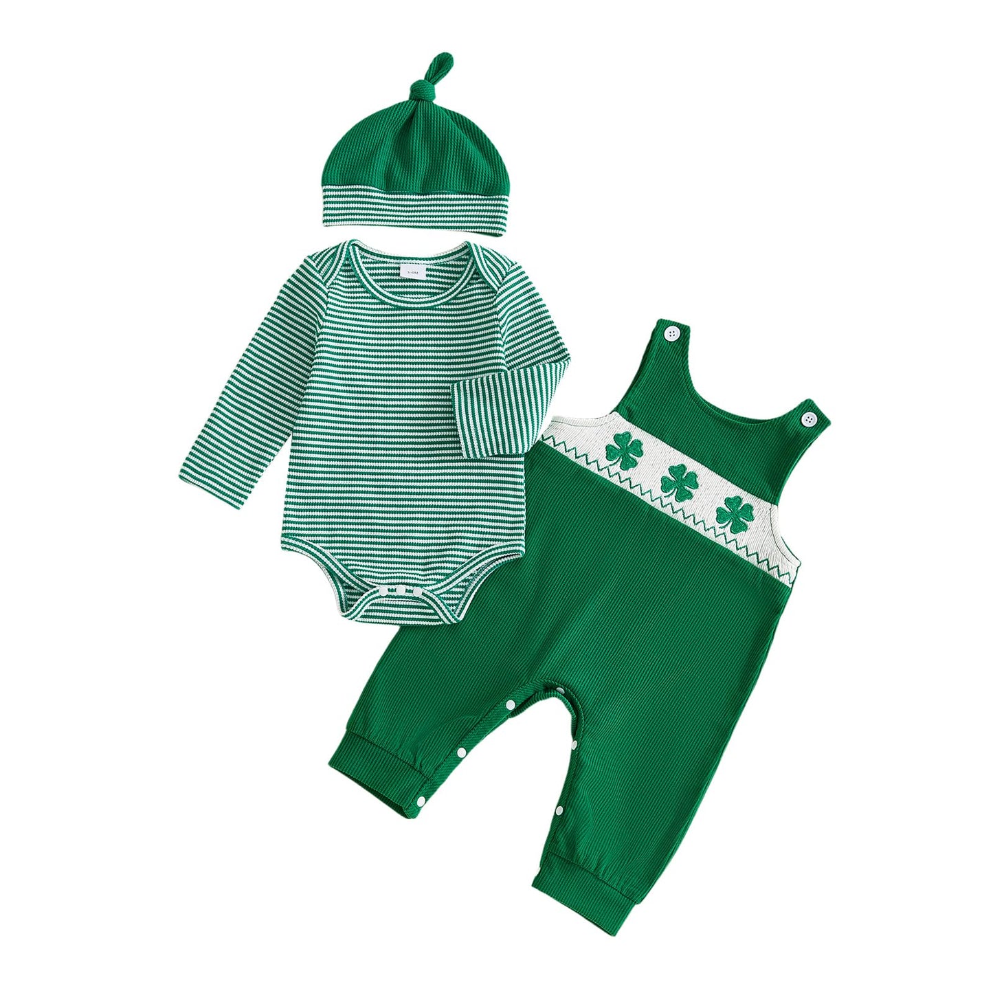 HYADRBLEBY Baby Boy St Patricks Day Outfit Newborn Stripe Romper+Clover Overall Pants+Hat Infant First St Patricks Day Outfit (G