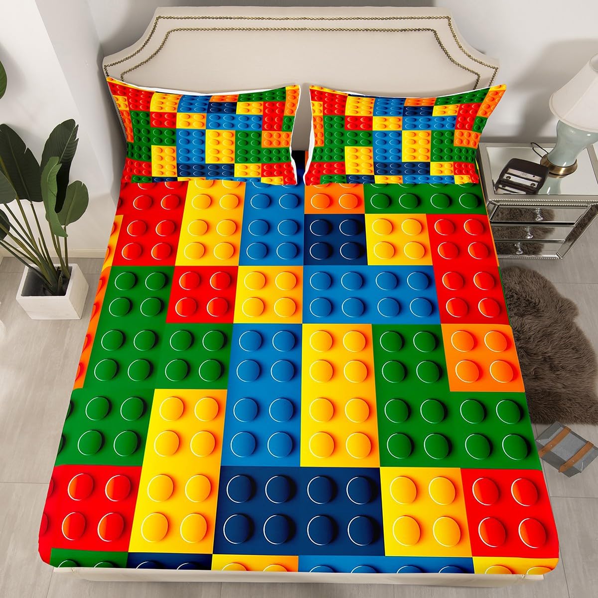 Feelyou Gaming Fitted Sheet Full Size Kids Building Blocks Bedding Set for Boys Teens Toddler Toy Brick Bed Sheet Set Breathable