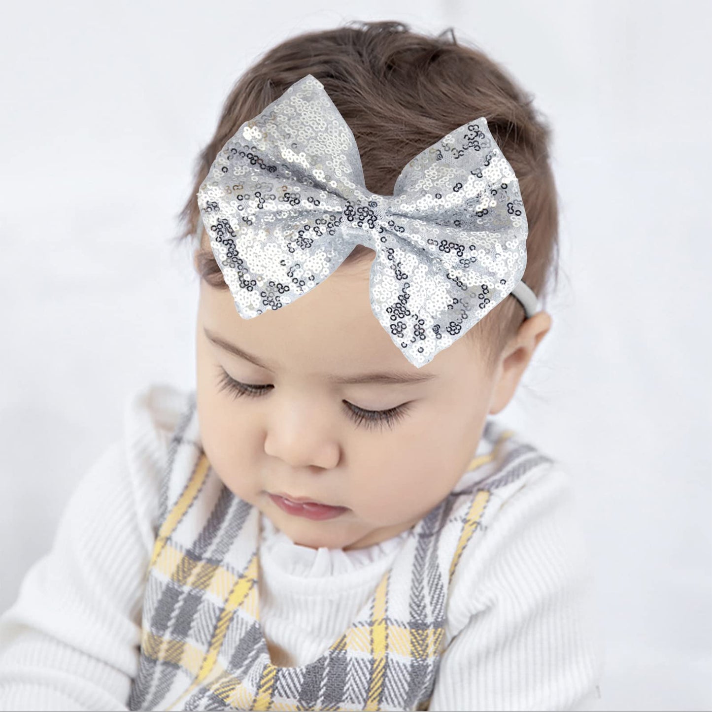 Song Qing Baby Infant Girls Hair Band Sequined Bow Headband Turban Knot Hair Headwear (Silver)