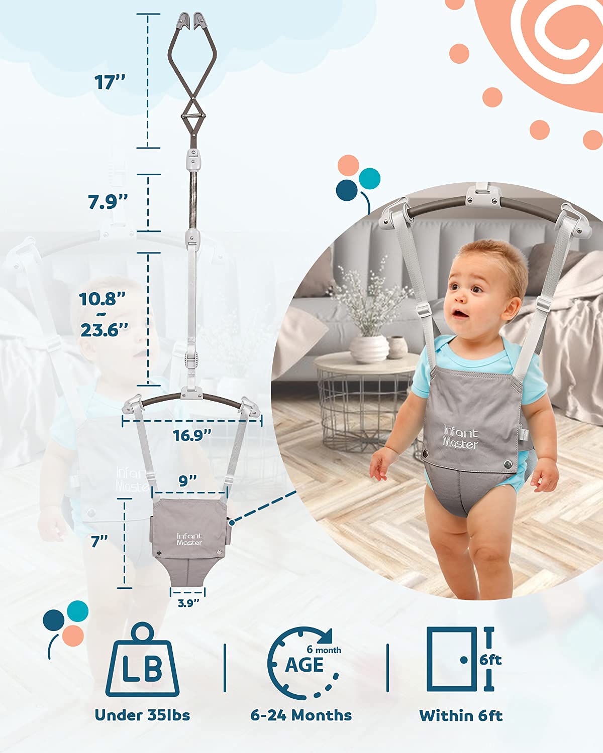 Infant Master Baby Doorway Jumpers, Sturdy Johnny Jumper W/Adjustable 10.8'-23.6' Inches Strap, Soft Baby Johnny Bouncer W/Sea