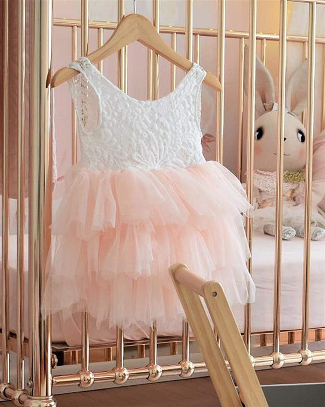 2Bunnies Girl Peony Lace Back A-Line Tiered Tutu Tulle Flower Girl Dress (No Applique Pink, 4T)