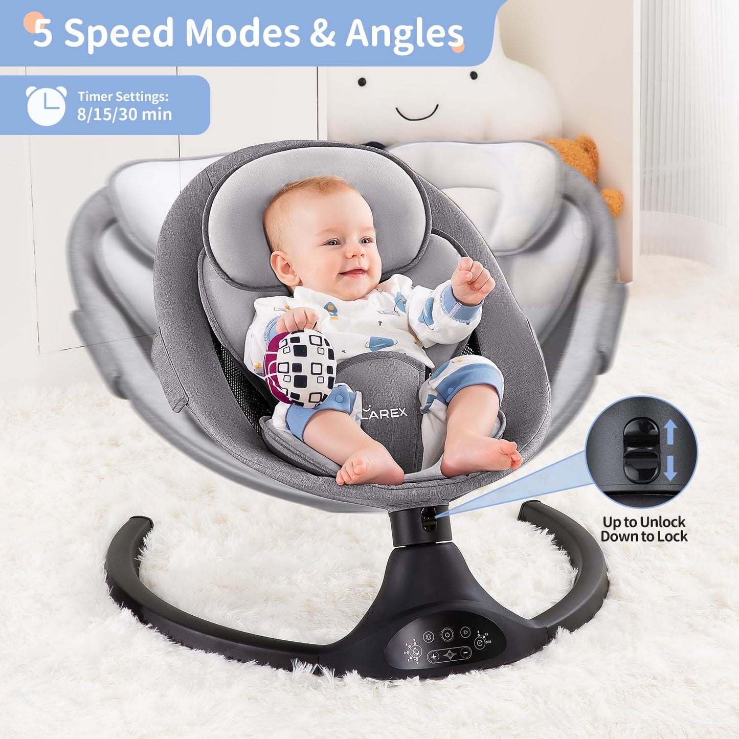 LAREX Baby Swing Infant Swing Electric Toddler Baby Rocker Portable for Newborn Boy Girl, 5 Sway Speeds with Remote Control, 10