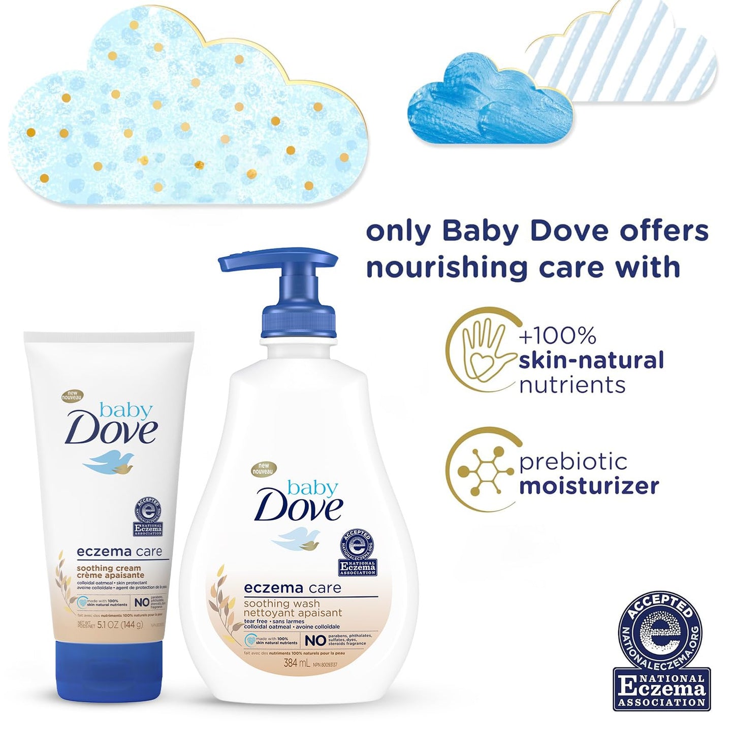 Dove Baby Skin Care Bundle - Colloidal Oatmeal Derma Care Soothing Wash & Eczema Care Soothing Cream, Fragrance Free (2 Piece Se