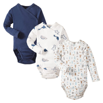 Defahn Side Snap Bodysuit Baby Kimono Onsies With Mitten-Cuffs 3-Pack Cotton Basic Pattern Boy Girl Kimono Bodysuits (Navy/Dino/