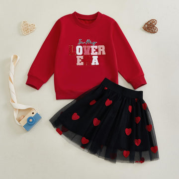 Yingisfitm Toddler Girl Valentines Day Outfit Letter Sweatshirt Love Heart Tutu Skirts Sets Little Girl Valentine Clothes (Red,