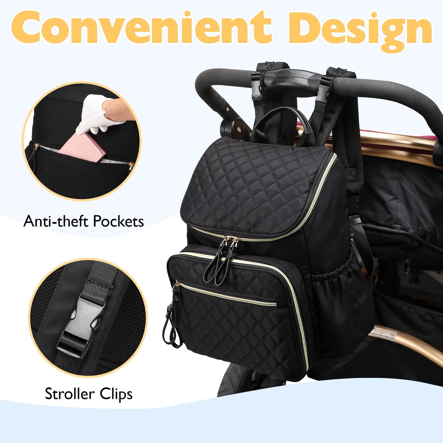 LORADI Large Capacity Diaper Bag Backpack with Stroller Buckle, Water-Resistant Travel Baby Bag with Insulated Pockets (Nylon, B