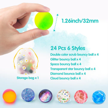 Ecoofor 24 Pieces Bouncy Balls 32mm Bounce Balls 6 Styles High Bouncing Balls Toys for Kids Party Favors Birthdays Gift Classroo