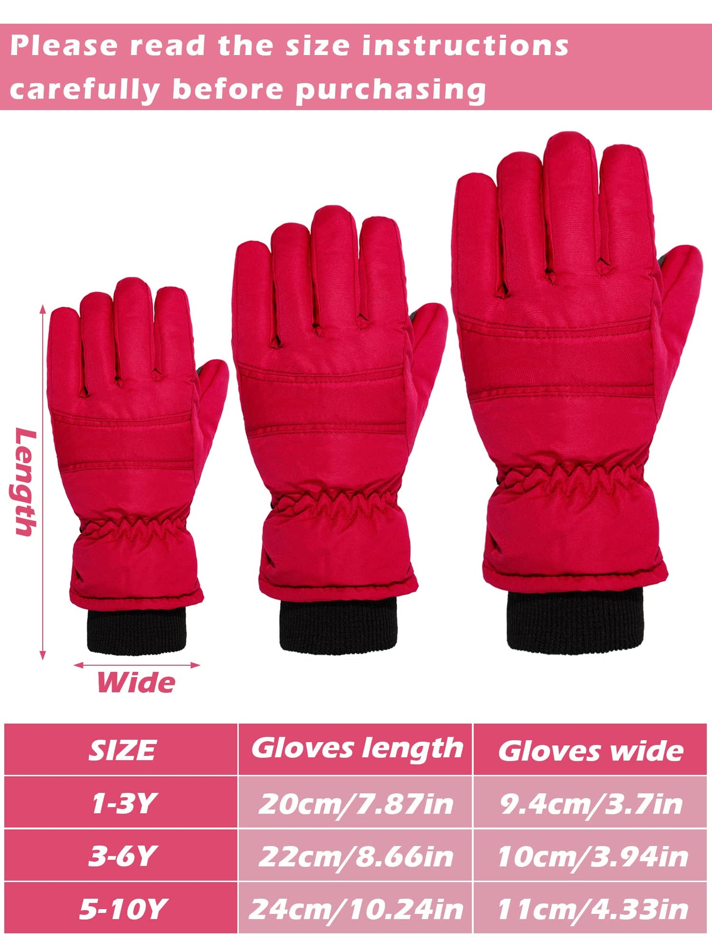 2 Pairs Kids Winter Ski Gloves Waterproof Warm Snow Mittens Full Finger Gloves For Toddlers Infants (Red, Royal Blue, 3-6 Years)