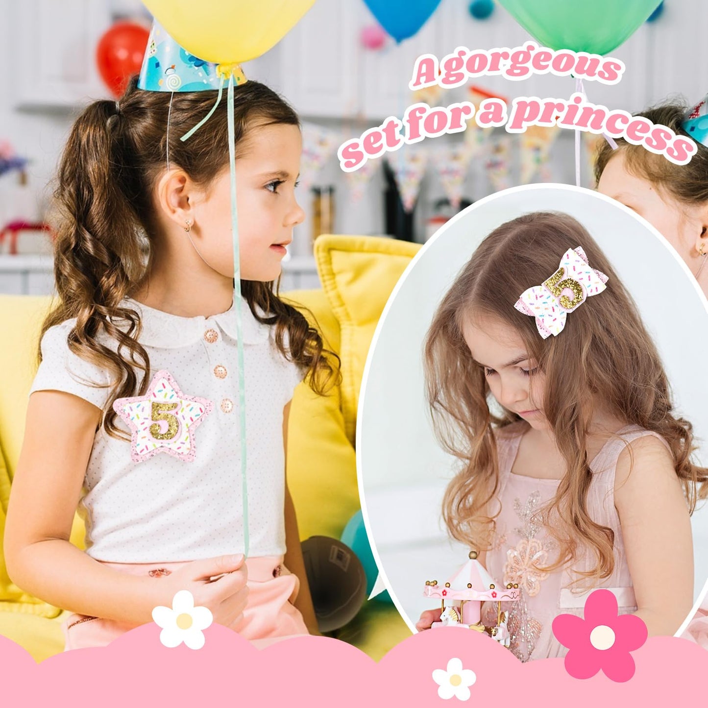 Deeka 5Th Birthday Hair Bow And Badge Set Birthday Decorations For Girl Glitter Pink And White Hair Clips For 5 Year Girl Birthd