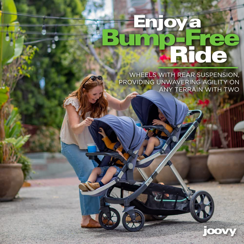 Joovy Qool Double Bundle Double Stroller With Reconfigurable Seats, Magnetic Safety Harness With Padding, Upf 50 Sun Canopy, And