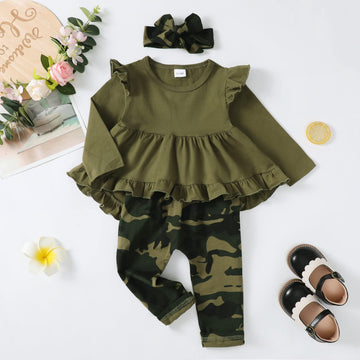 Kucnuzki Fall Baby Girl Clothes 12-18 Months Girl Outfit Toddler Baby Ruffle Shirt Top Camo Green Pants Set 3Pcs Girl Winter Out