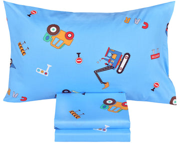 J-Pinno Cars Vehicles Digger 100% Cotton 3 Pieces Cartoon Toddler Sheet Set For Kids Boys, Flat Sheet Fitted Sheet And Pillowcas