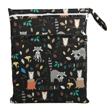 Sigzagor Wet Bag Baby Cloth Diaper Nappy Bag Reusable Washable With Two Zippered Pockets (Animal Racoon)