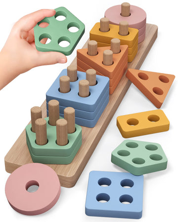 PEBIRA Montessori Toys for 1 2 Year Old, Wooden Sorting and Stacking Toys for Toddlers, Baby Shape Sorter and Color Stacker Bloc