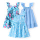 Patpat 3 Pack Toddler Girls Ruffle Sleeve A-Line Dresses Baby Girl Casual Clothes Multi-Pack Sundress, Blue Floral, 9-10Years