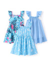 Patpat 3 Pack Toddler Girls Ruffle Sleeve A-Line Dresses Baby Girl Casual Clothes Multi-Pack Sundress, Blue Floral, 9-10Years
