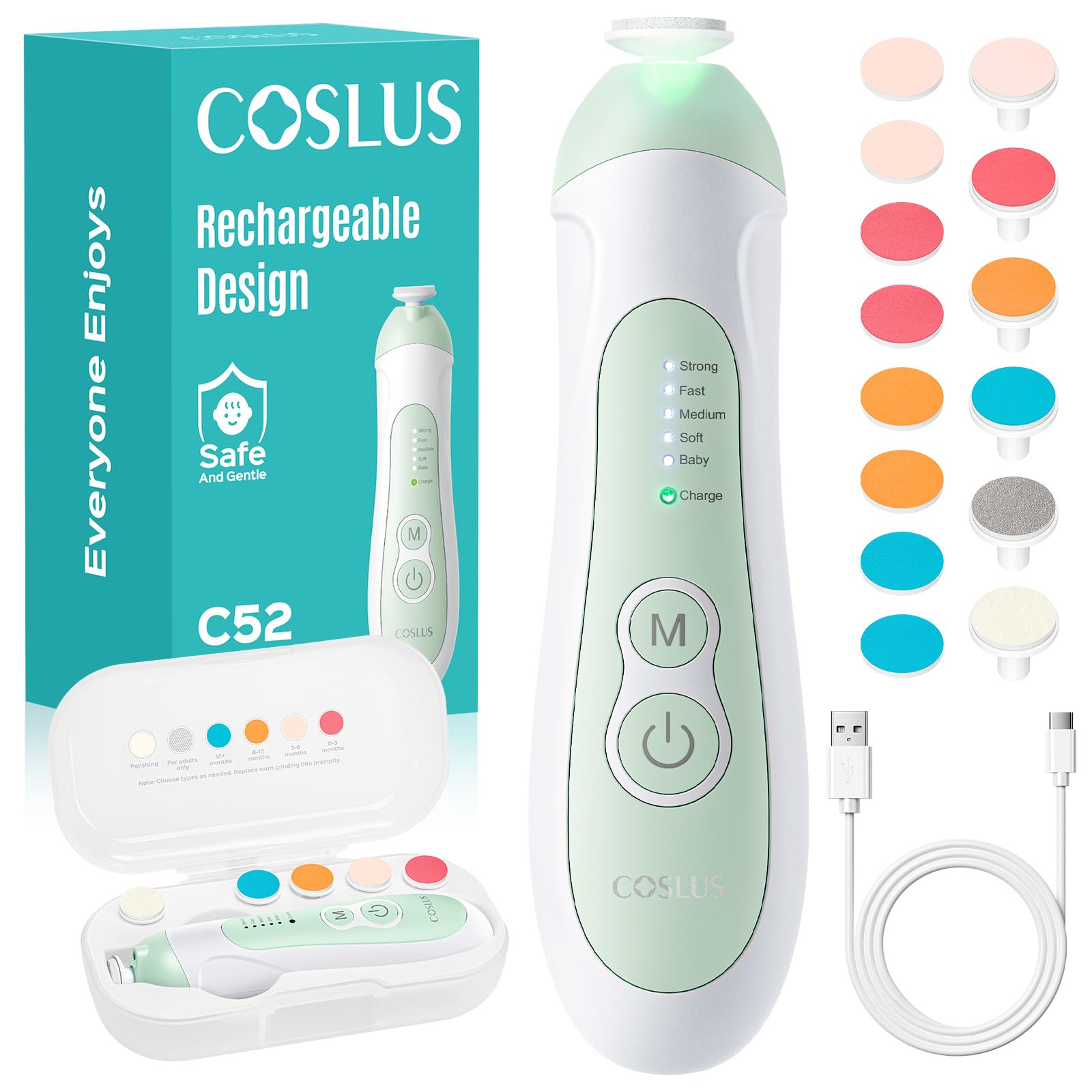 COSLUS Rechargeable Baby Nail File: Cordless Baby Nail Trimmer Electric with 5 Speeds & 6 Grinding Heads for Baby Kid, CPC Certi