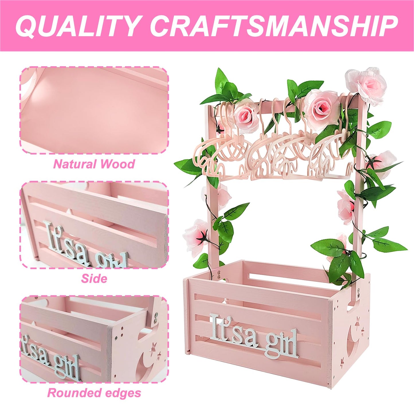 Wooden Baby Shower Crate Closet, Baby Storage Crate Hamper With Handle, Garland And 10 Clothes Hangers, Baby Shower Gifts Basket
