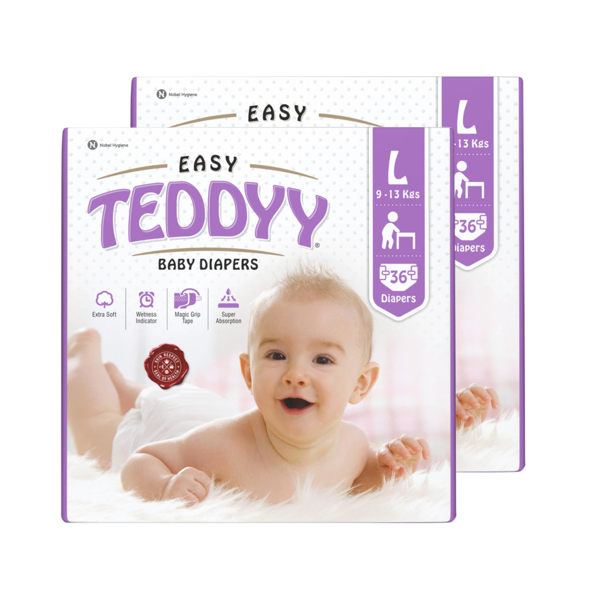 Teddyy Easy Baby L Size Diaper Tape Style | 72 Count (Large) | 913 Kgs (Pack Of 2) | Quick Absorbency | Extra Super Soft | Anti