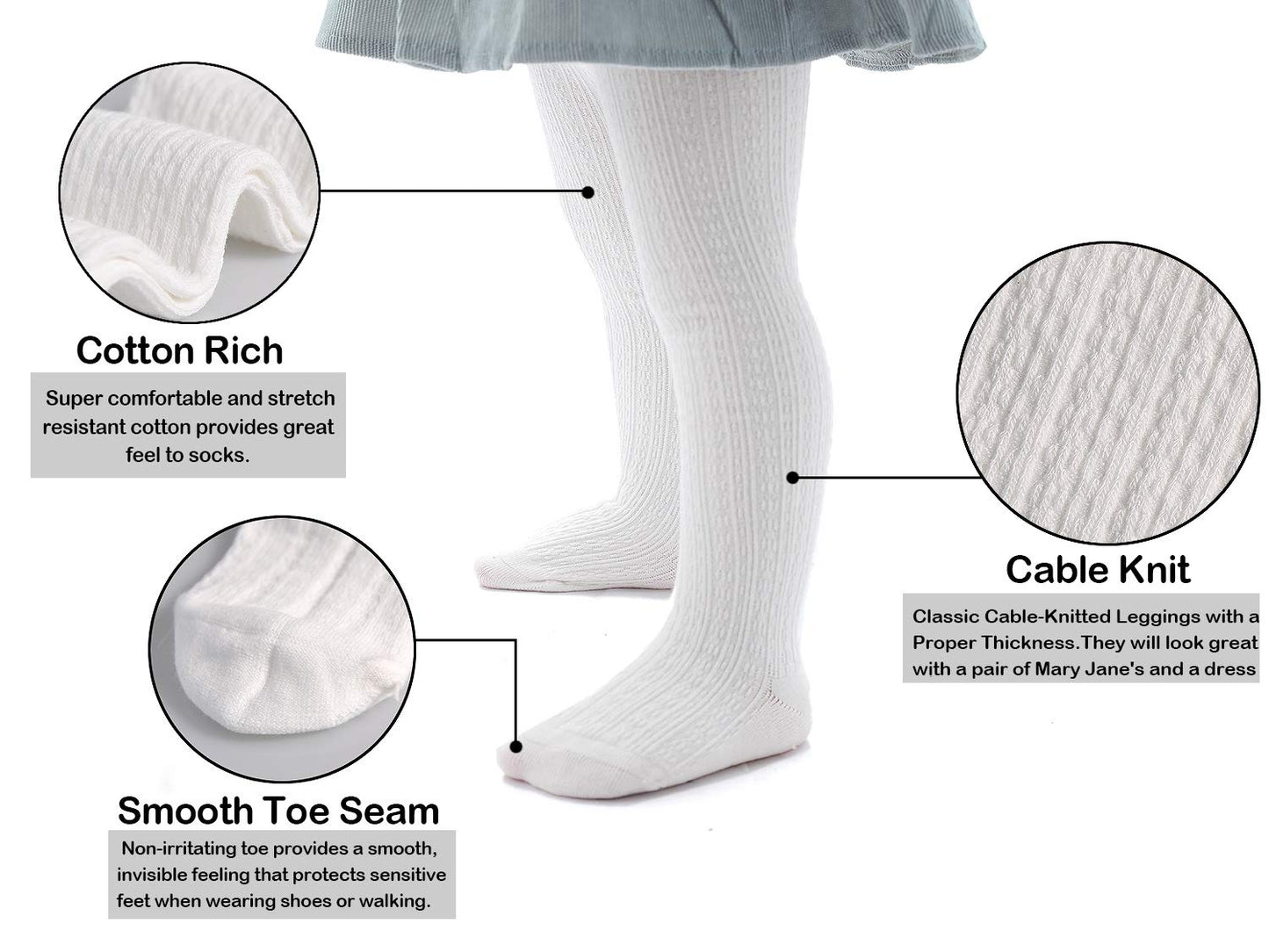 Epeius Baby Tights Little Girls Cable Knit Tights Solid Cotton Stockings Children Seamless Footed Leggings Pantyhose 4-6 Years,W