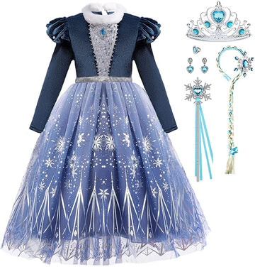Itvti Girls Princess Elsa Dress Up Costume Snow Queen Halloween Christmas Cosplay Party Toddler Dress Blue, 4-5 Years(Label 120)