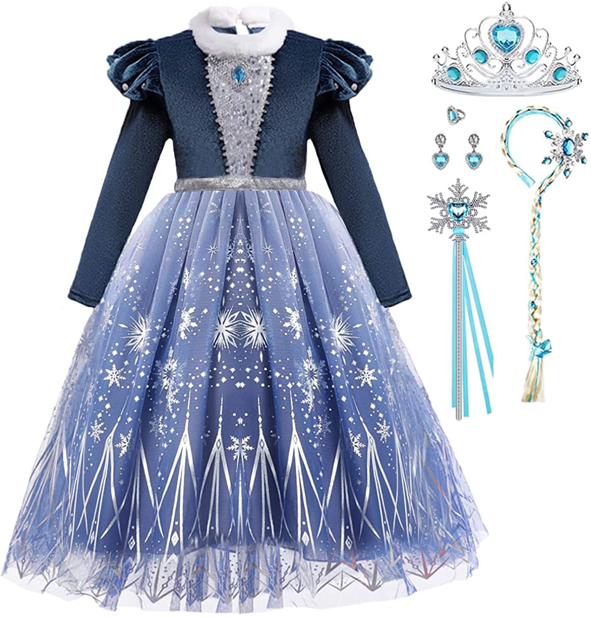 Itvti Girls Princess Elsa Dress Up Costume Snow Queen Halloween Christmas Cosplay Party Toddler Dress Blue, 3-4 Years(Label 110)