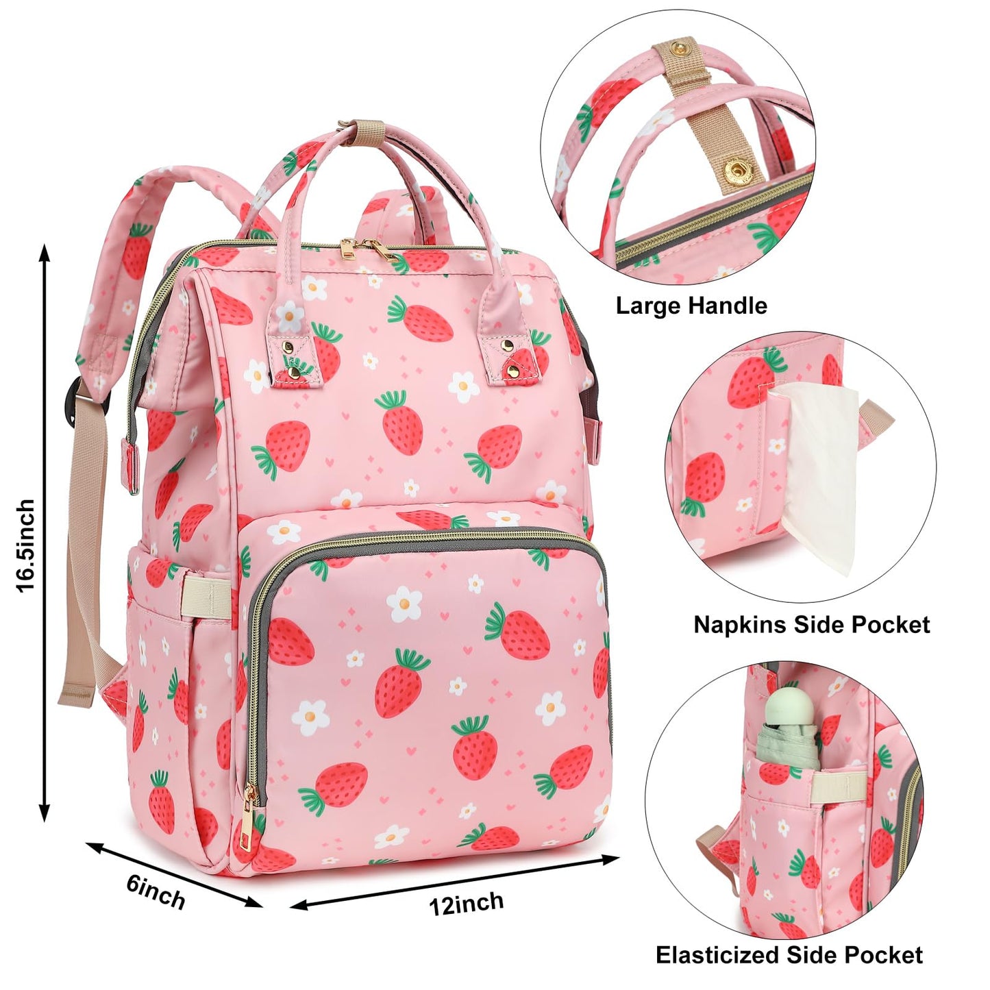 Xunteny Strawberry Baby Diaper Bag Backpack For Girls Boys, Waterproof Large Maternity Nappy Bags For Mom